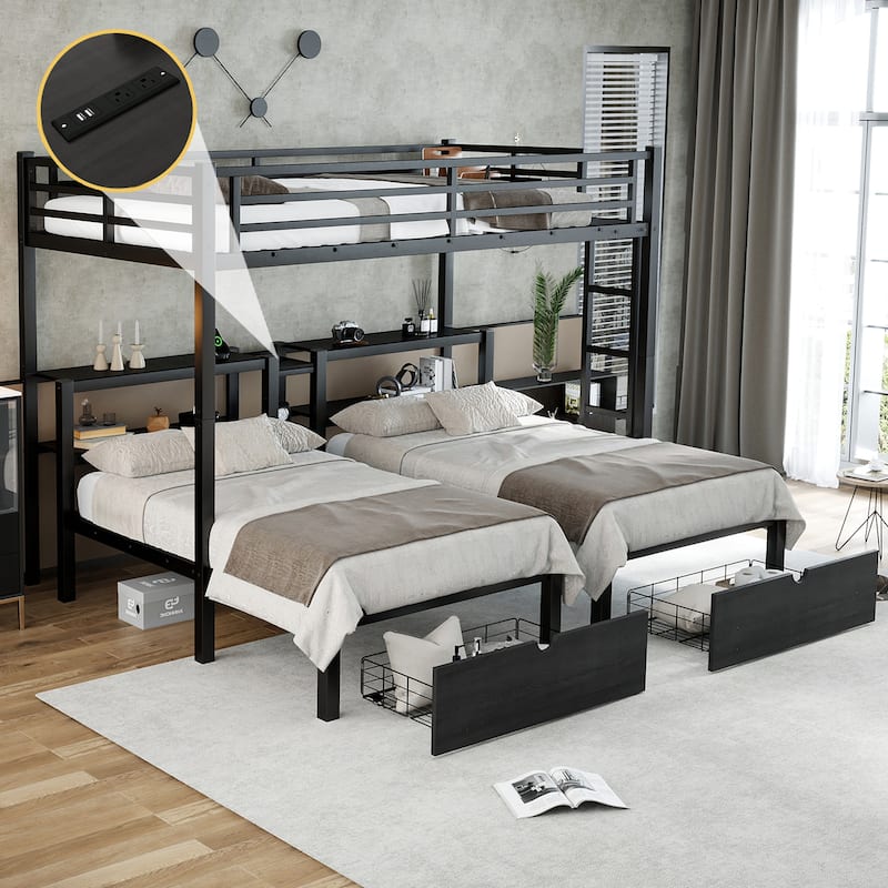 Full XL/Twin/Twin Metal Triple Bunk Bed with Drawers, Shelving and USB Charging - Black