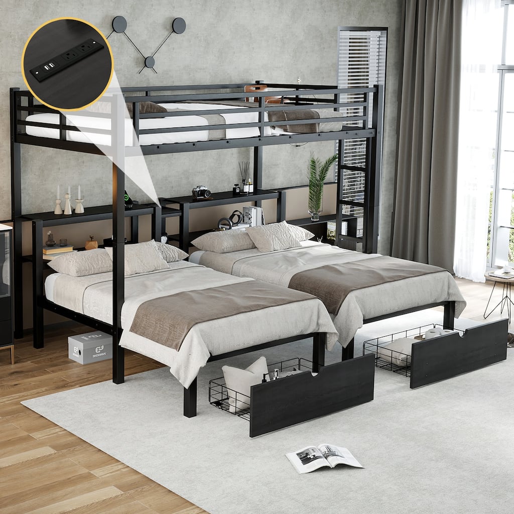 Roomfitters Full XL over Twin & Twin Metal Triple Bunk Bed with Drawers, Headboard Shelves & USB Ports, Black