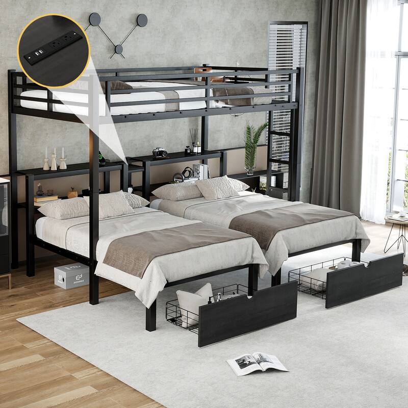 Roomfitters Full XL over Twin & Twin Triple Bunk Bed with Drawers, Metal Frame with USB and Shelves, Black
