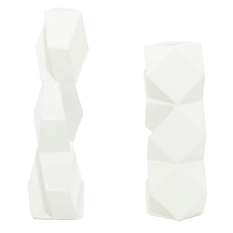 Ceramic Faceted Vase with Diamond Shapes - Set of 2 White - CosmoLiving by Cosmopolitan - 4"W x 7"L x 16"H