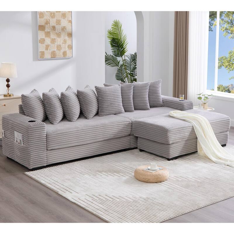 110.75" Corduroy Sectional Sofa, Convertible Sleeper Sofa Bed L-Shaped Upholstered Couch with Removable Footstool, Cup Holder