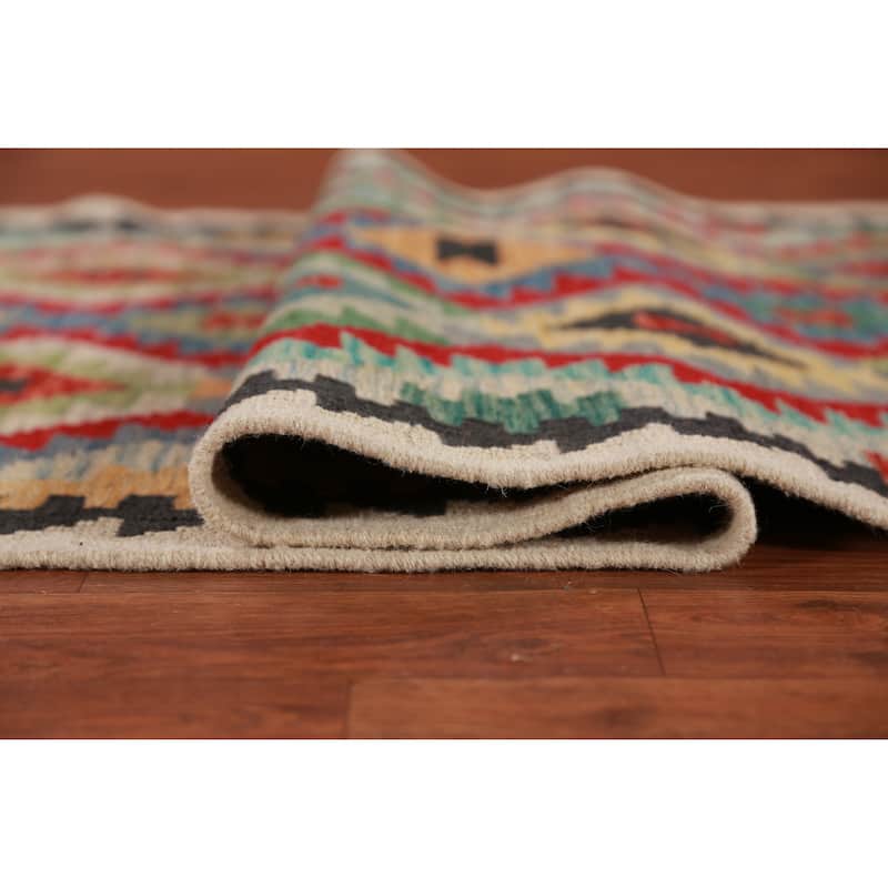 Hand Woven Oriental 100% Wool Carpet Southwestern All-Over Multi-Colored Kilim Runner Rug - 12' 7'' X 2' 8''