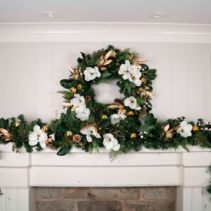 30 in. Lighted Christmas Wreath - White Gold Magnolia - 30 Inch