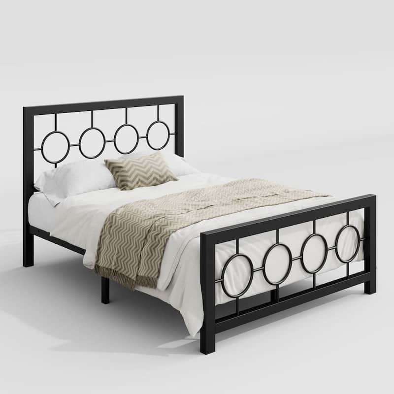 Art Deco Metal Platform Bed Frame with Openwork Headboard and Footboard Modern Iron Slat Support - Full