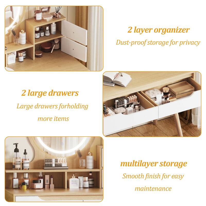 Vanity Desk with Mirror and Lights, Makeup Desk with Solid Wood Table Feet, Dressing Table Set with Drawers and Open Shelves