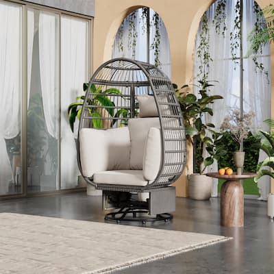 Patio Grey Rattan Egg Chair, Outdoor Swivel Chair with Cushions