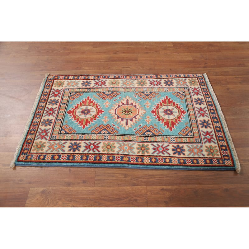 Light Blue Geometric Kazak Oriental Rug Hand-Knotted Wool Carpet - 2'0" x 3'0"
