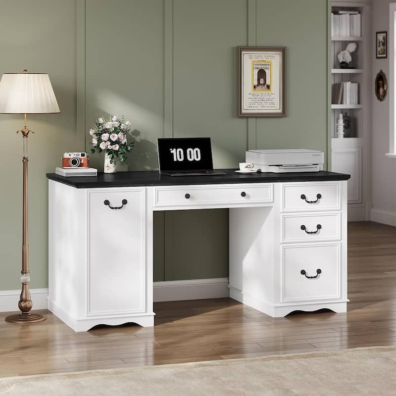 Executive Desk with Drawers Computer Desk File Drawers Power Outlet LED Lights Storage Cabinet - White+black