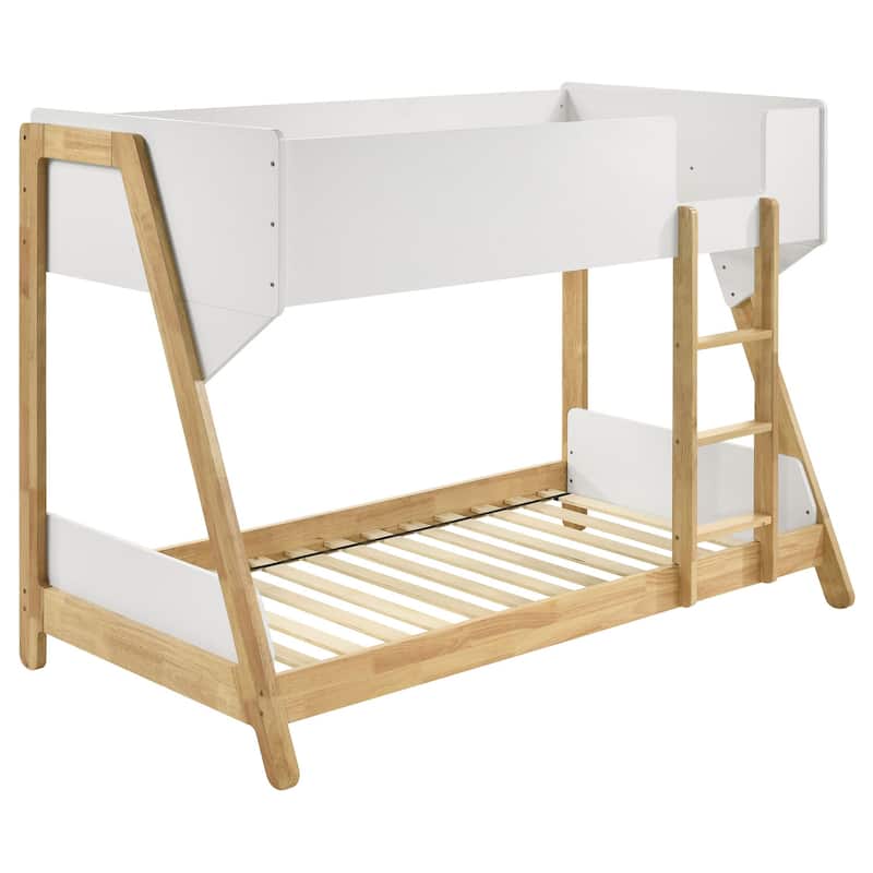 Twin Over Twin Wood Bunk Bed, White and Natural, Two-Tone Design with Attached Ladder