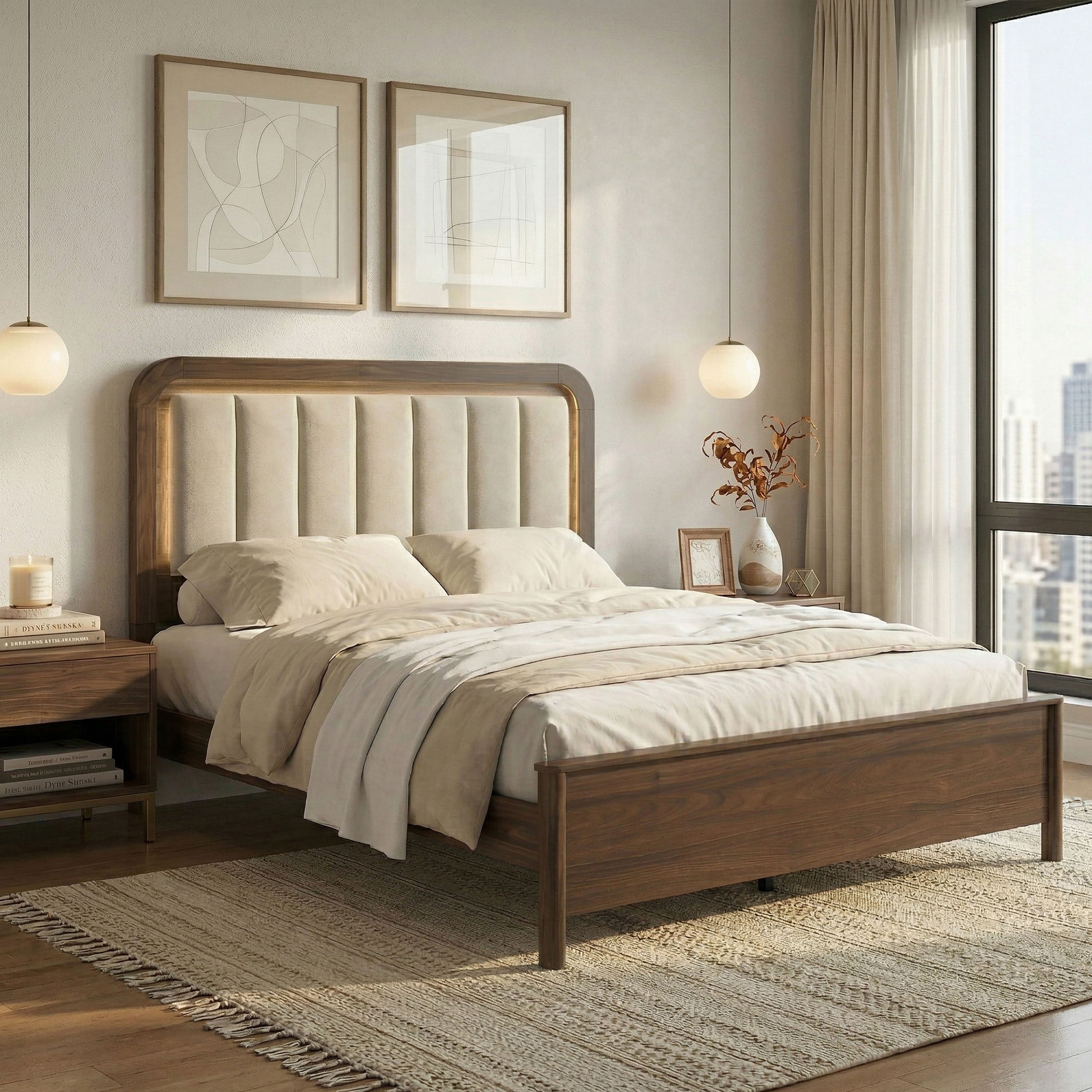Furniture of America Elira Mid-Century Modern Walnut Wood Panel Bed with Padded Headboard and LED Light