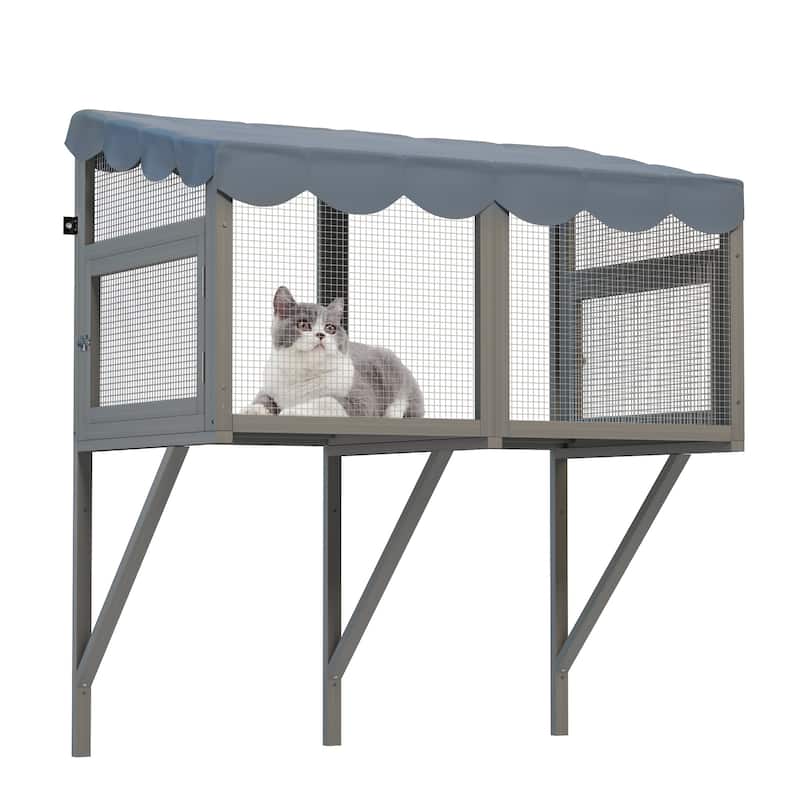 Secure Comfortable Wooden Window Box Enclosure for Cats - Gray
