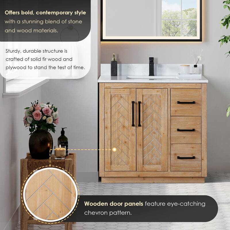 Anais 3Single Bathroom Vanity in Light Brown with Grain White Engineered Stone Countertop without Mirror