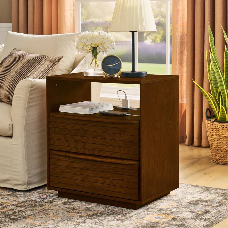 Roomfitters Mid Century Nightstand, Louver Design Bedside Table with USB Charging, Storage Drawers
