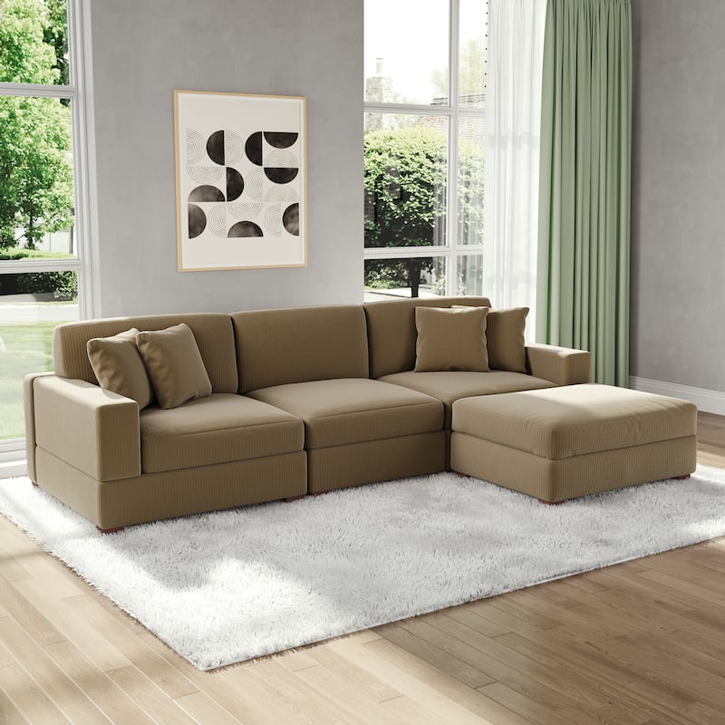 Modular Corduroy Sectional Sofa Set Chaise Couch with Ottoman