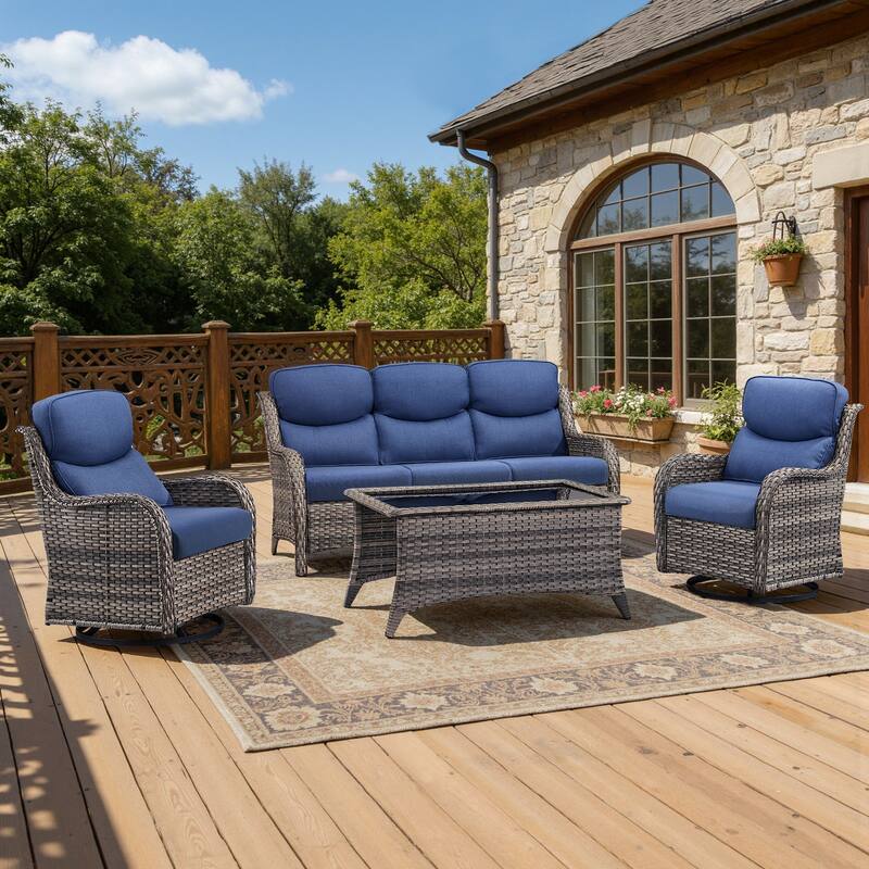 Meyreso 4-Piece Wicker Outdoor Patio Conversation Set with 5-Inch Thick Olefin Cushions - Gray Wicker - Navy Blue Cushions