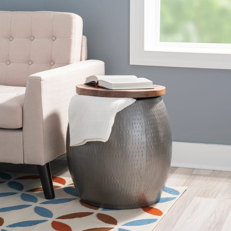 Kayvon Drum Side Table with Storage Gold - Silver