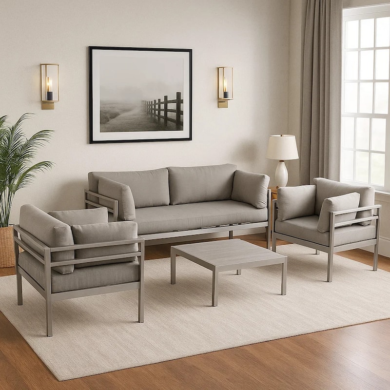 3 Piece Sectional Outdoor Metal Sofa Set with Table, Gray and Silver