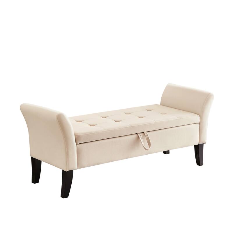 Ottoman Bench Leisure Bench with Solid Wood Legs and Armrests, Upholstered Flip End of Bed Bench with Safety Hinges