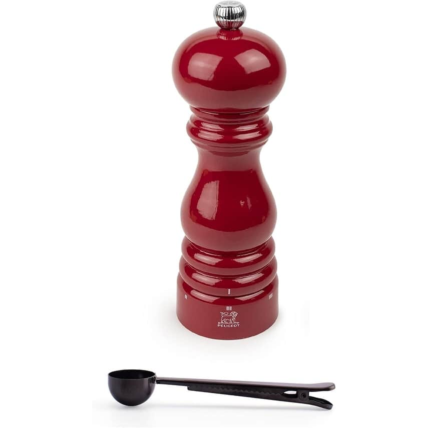 Peugeot Paris u'Select 7-inch Salt Mill Gift Set, Passion Red - With Stainless Steel Spice Scoop/Bag Clip