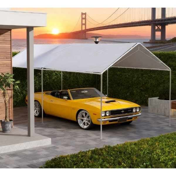 slide 2 of 7, GDFStudio - Outdoor 9.6'x19.5' Easy-Install PE Carport Canopy Cover with UV Resistant & 48 Ball Bungee Cords White