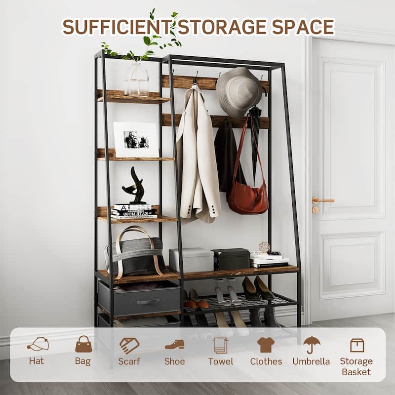Hall Tree with Bench and Shoe Storage 6 in1 Entryway Organizer