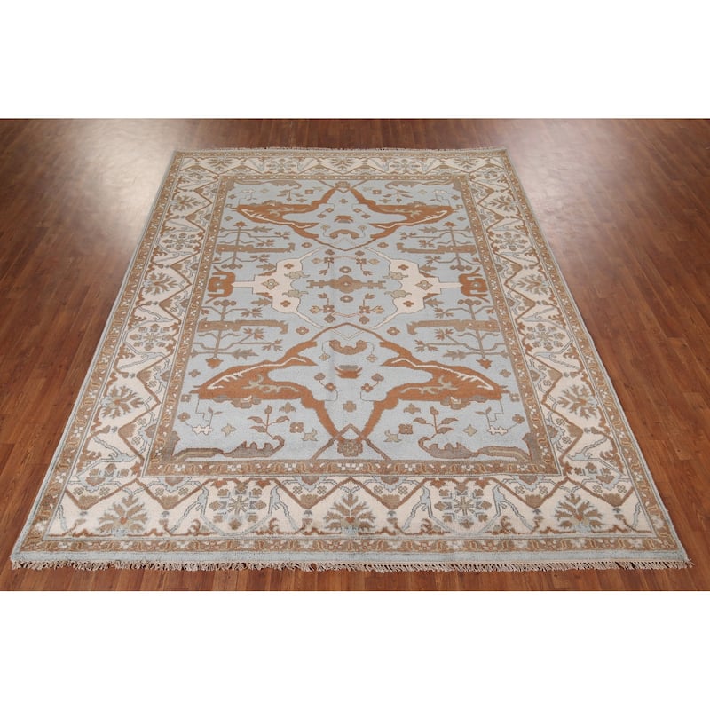 Light Blue Oushak Indian Area Rug Hand-Knotted Wool Carpet - 8'1"x 9'11"
