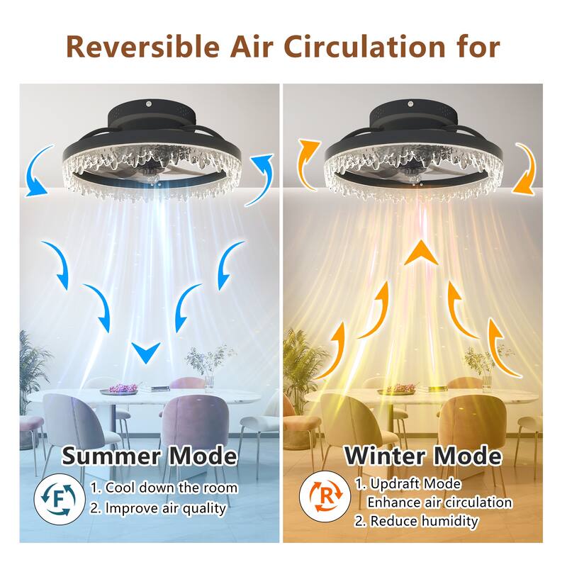 LunaDrift 16"20"24" Modern Black Crystal Smart Flush Mount Ceiling Fan with Light, Dimmable Bedroom Ceiling Fan w/Remote