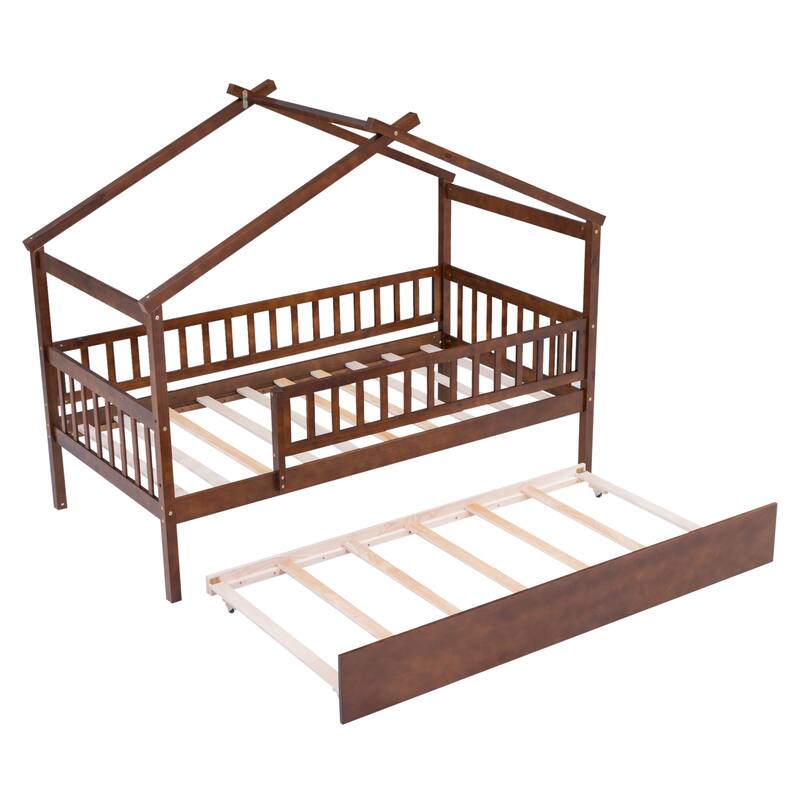 Twin Size Wooden House Bed with Trundle, Creative Kids Bed with Whimsical Design for Imagination