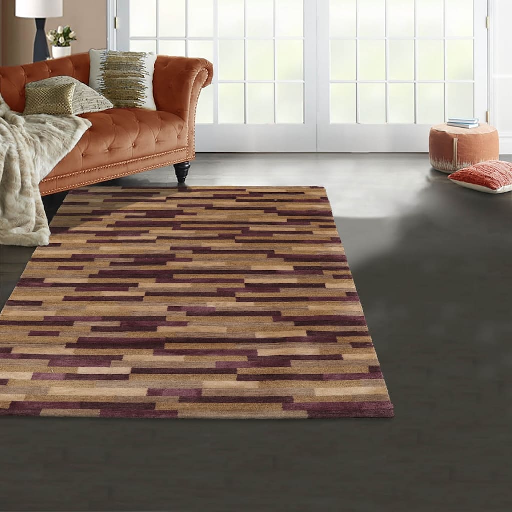 Hand Knotted Tibetan Aubergine Striped Wool & Silk Modern Area Rug - 3' x 5' 2''