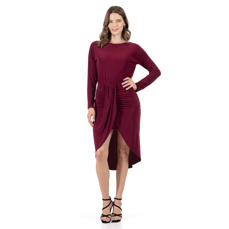 24seven Comfort Apparel Long Sleeve Dressy Tulip Skirt Knee Length Dress - Red - XL