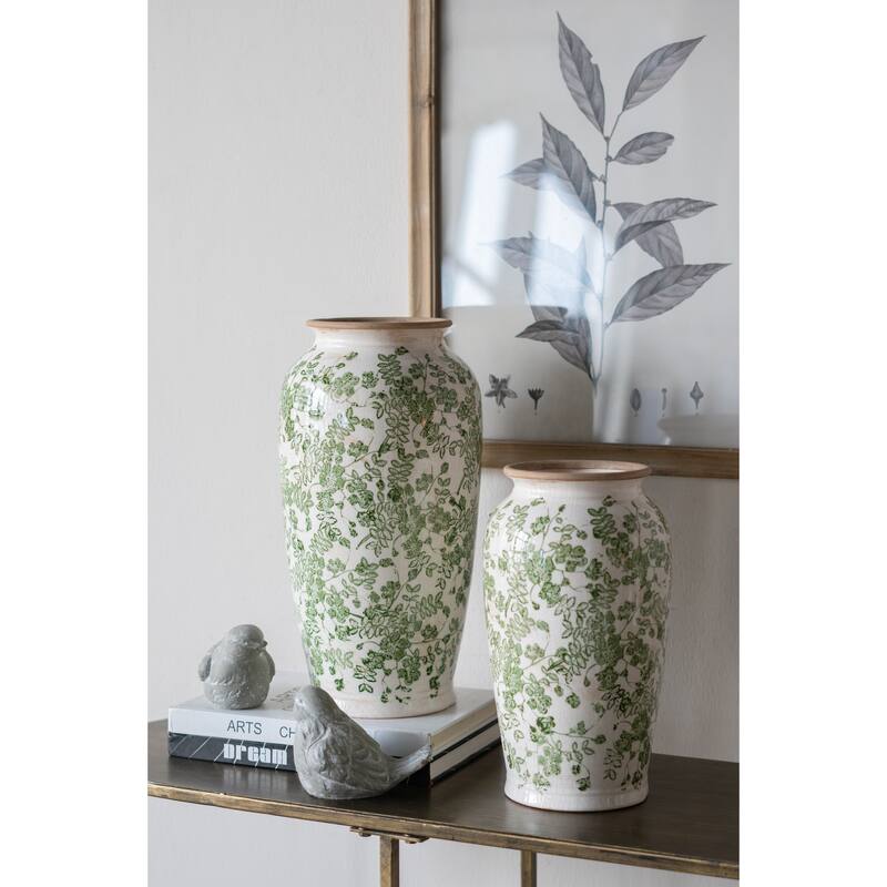 6.5x6.5x11.6" White Ceramic Flower Vase with Green Floral Pattern