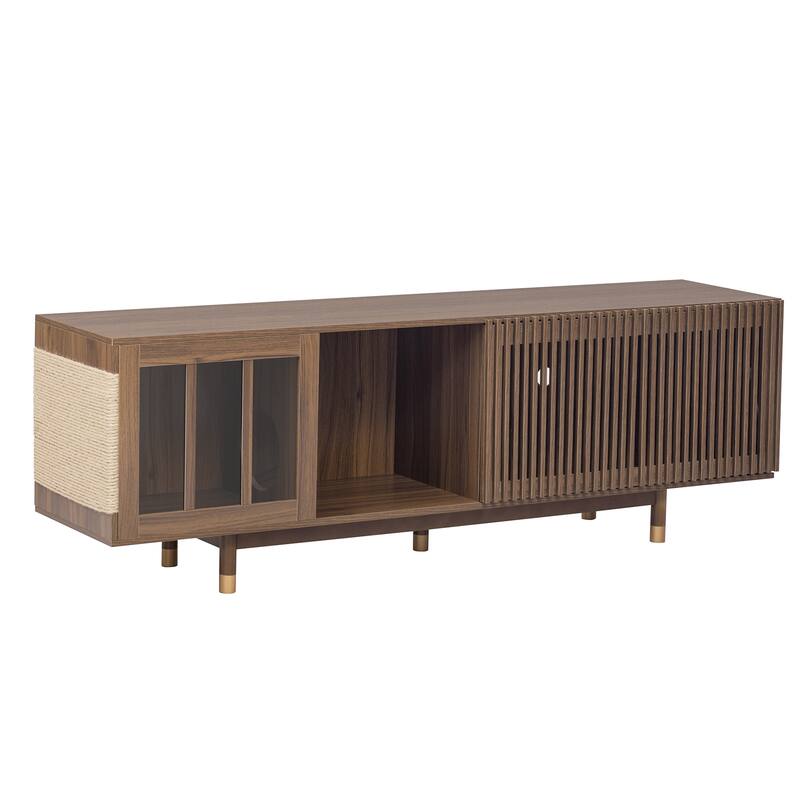 Modern 2 in 1 TV Stand with Cat Scratcher, Cat House Media Console Table with Sliding Flip-down Glass Doors