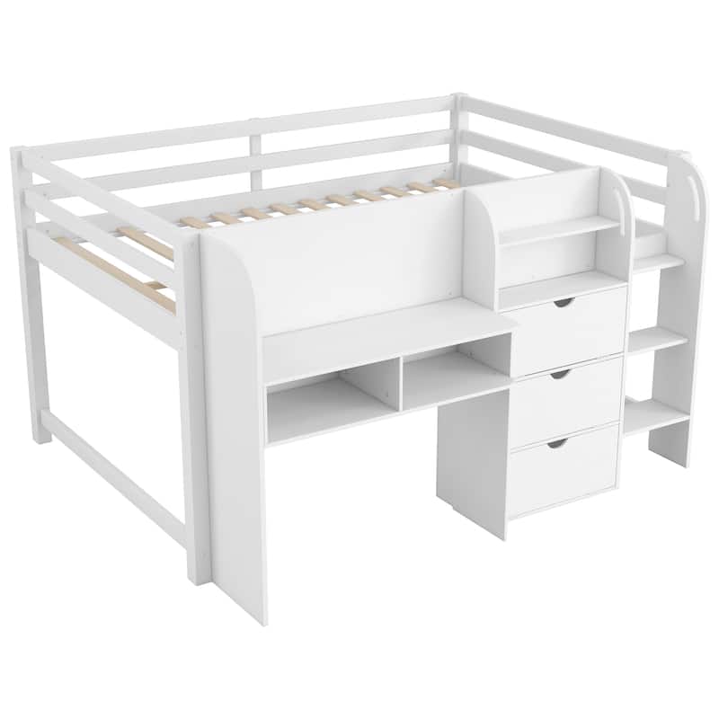 Full Size Low Loft Bed With Built-In Desk,Storage Cabinets And Open Bookcase,Whiteboard For Graffiti