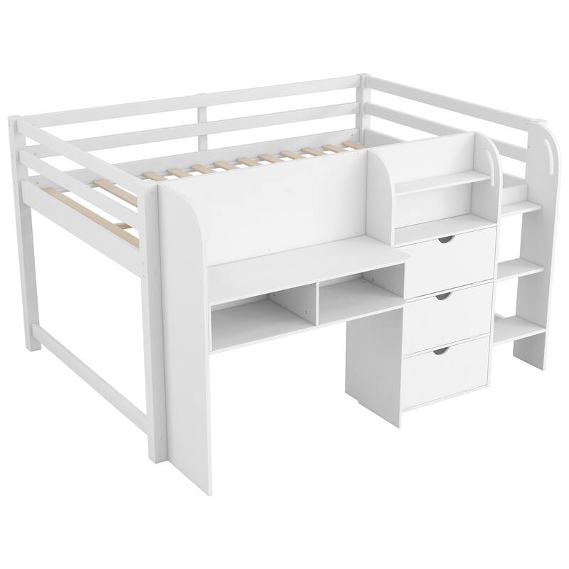 Roomfitters Full Low Loft Bed with Integrated Desk, Bookcase, Cabinets and Whiteboard, White