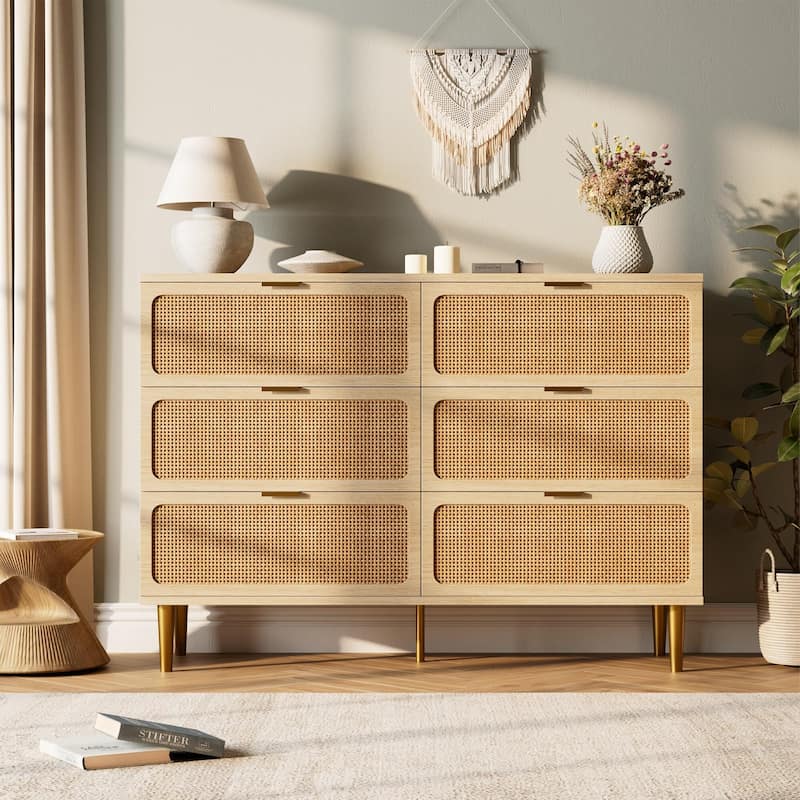 Rattan 6 Drawer Dresser for Bedroom, Large Double Dresser with Deep Drawers - Natural_6 Drawers - 6-drawer