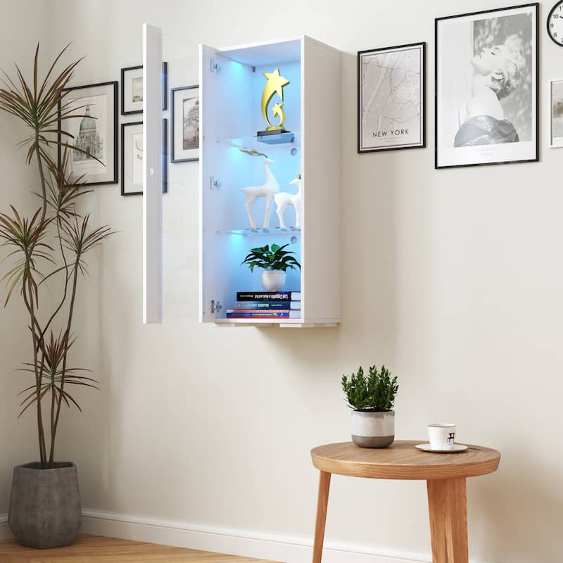 Modern Storage Cabinet with Built-In Aluminum LED Strip Lighting & Glass Shelves – Versatile for Living Room, Bedroom or Office
