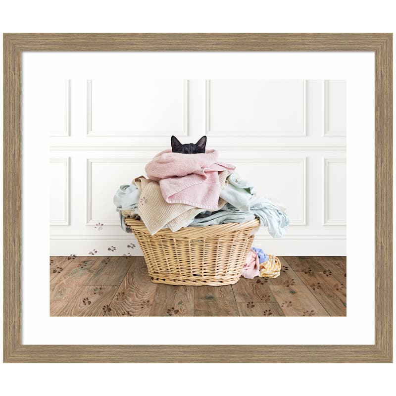 Kate and Laurel Framed Art Cat in a Basket Traditional Laundry by Amy Peterson - 26x22