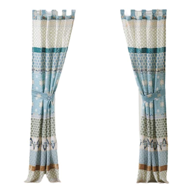 Ello 2 Panel Curtain Panel Set, Cotton White and Blue Geometric Print