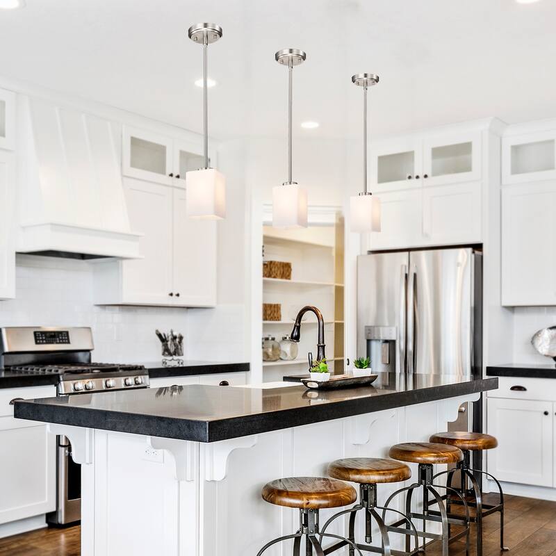 Brushed Nickel 1-Light Modern Mini Pendant with Pyramid Shaped Etched White Glass Shade