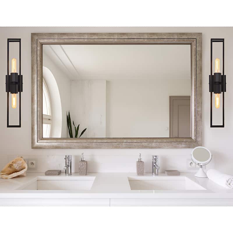 2 Bulb Metal Frame Wall Scones, Square Symmetrical Structured Rectangular Vanity Wall Light (Set of 1)