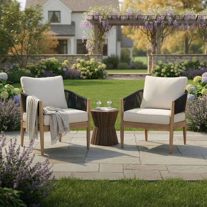 Roomfitters Verona Outdoor Acacia Wood Club Chairs with Rope Detail, Natural Finish and Beige Set of 2 - Set of 2