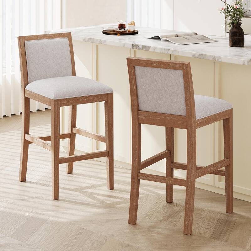 30.5" Bar Stools Set of 2, Rubberwood Frame, Upholstered Fabric Seat with Sponge Cushion - Beige+Wood