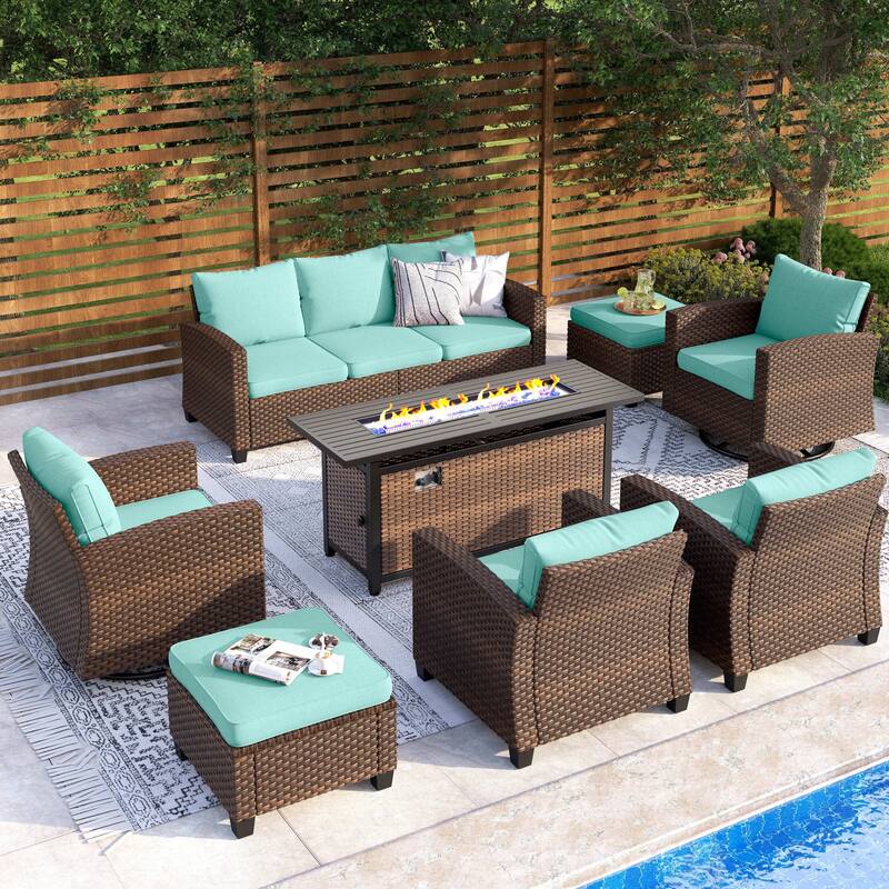 7/9-Seat Patio Furniture Wicker Rattan Outdoor High-back Sectional Sofa Conversation Set with Firepit Table