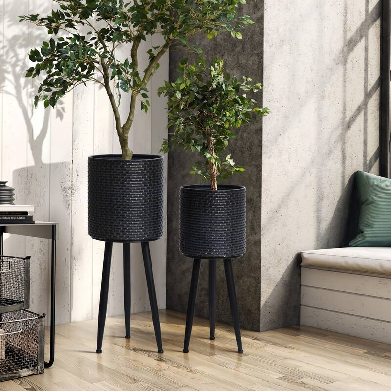 Set of 2 Black Dimpled Metal Cachepot Planters with Black Metal Legs