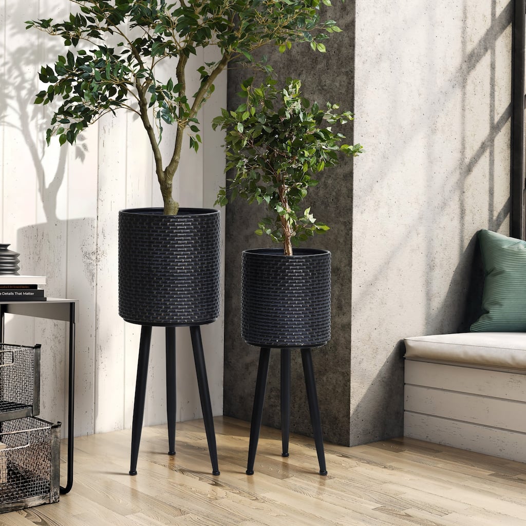 Set of 2 Black Dimpled Metal Cachepot Planters with Black Metal Legs