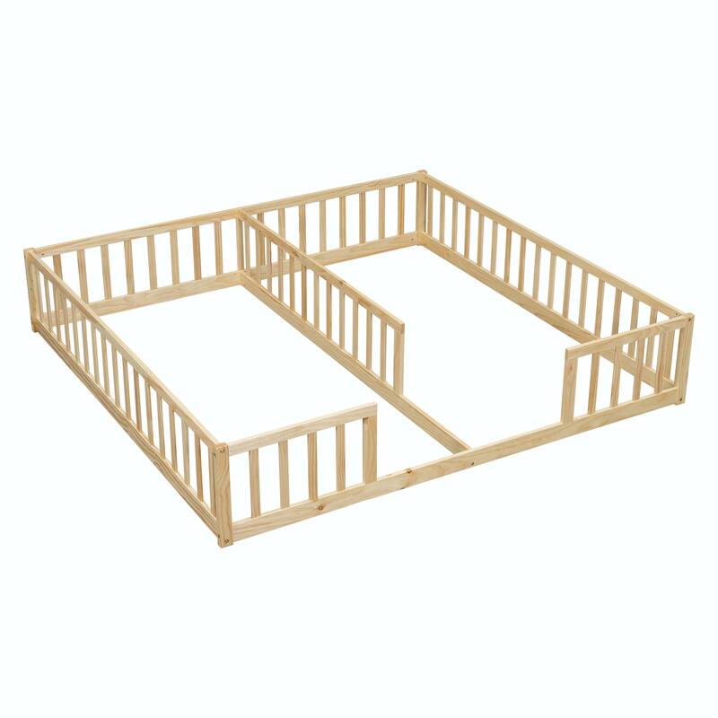Double Twin Floor Bed with Fence and Guardrails, without door