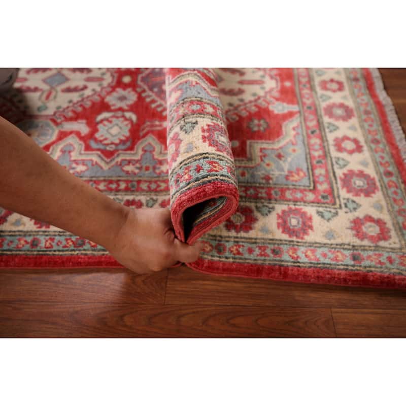Geometric Red Kazak Accent Rug Hand-Knotted Foyer Wool Carpet - 2'10" x 4'3"