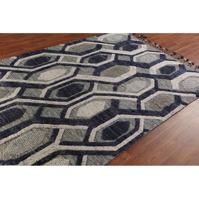 Modern Geometric Moroccan Area Rug Hand-Knotted Indian Wool Carpet - 5'1" x 8'3"
