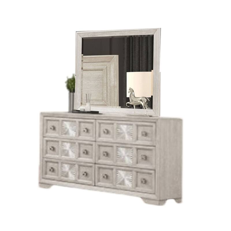 Diaz 4pc Queen Size Bedroom Set, Dresser Mirror, Sunburst Light Gray