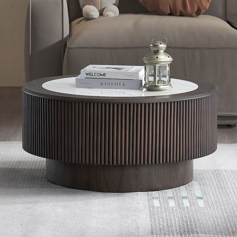 Modern Coffee Table Round Coffee Table with Faux Marble Pattern Stickers and Base, for Living Room, Dark Brown